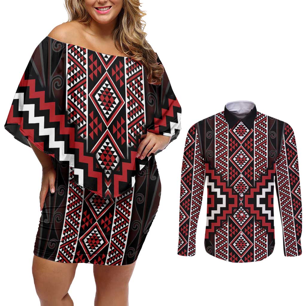 Red Tukutuku Pattern Aotearoa Couples Matching Off Shoulder Short Dress and Long Sleeve Button Shirt Niho Taniwha and Puhoro Motifs LT7 Red - Polynesian Pride