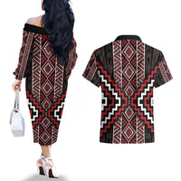 Red Tukutuku Pattern Aotearoa Couples Matching Off The Shoulder Long Sleeve Dress and Hawaiian Shirt Niho Taniwha and Puhoro Motifs LT7 - Polynesian Pride
