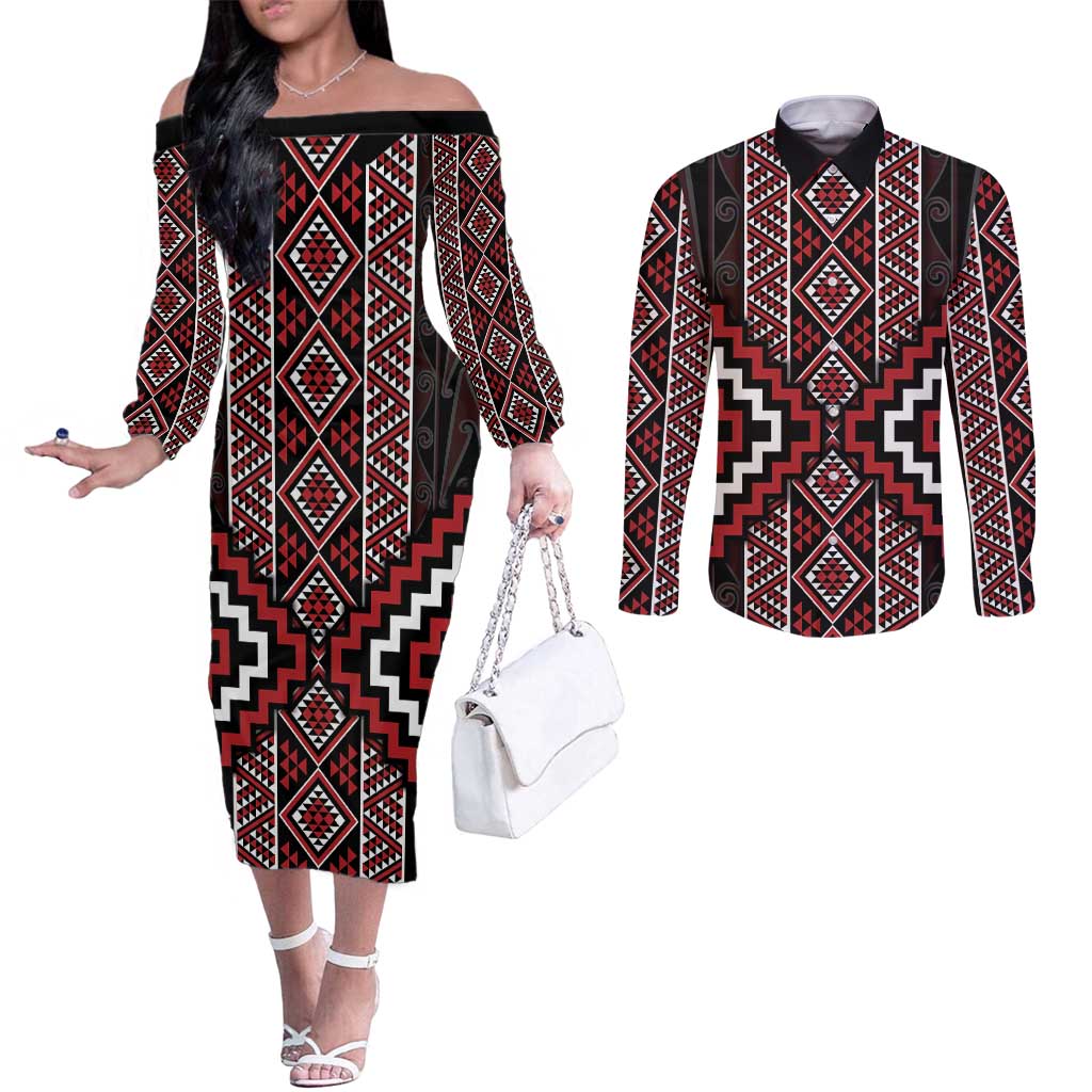 Red Tukutuku Pattern Aotearoa Couples Matching Off The Shoulder Long Sleeve Dress and Long Sleeve Button Shirt Niho Taniwha and Puhoro Motifs LT7 Red - Polynesian Pride