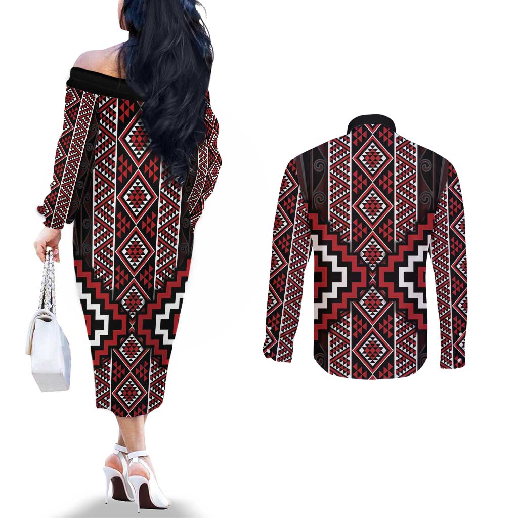 Red Tukutuku Pattern Aotearoa Couples Matching Off The Shoulder Long Sleeve Dress and Long Sleeve Button Shirt Niho Taniwha and Puhoro Motifs LT7 - Polynesian Pride