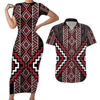 Red Tukutuku Pattern Aotearoa Couples Matching Short Sleeve Bodycon Dress and Hawaiian Shirt Niho Taniwha and Puhoro Motifs LT7 Red - Polynesian Pride