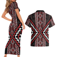 Red Tukutuku Pattern Aotearoa Couples Matching Short Sleeve Bodycon Dress and Hawaiian Shirt Niho Taniwha and Puhoro Motifs LT7 - Polynesian Pride