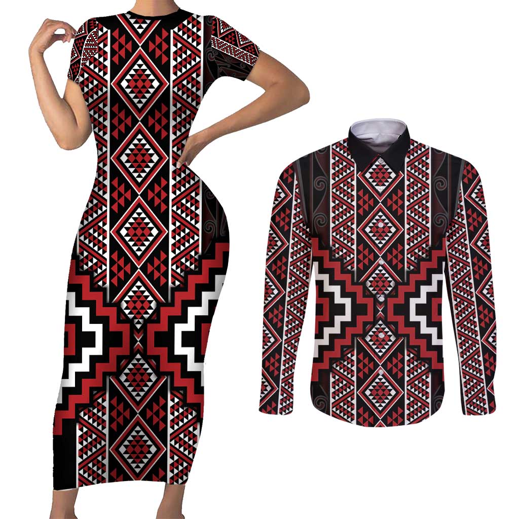 Red Tukutuku Pattern Aotearoa Couples Matching Short Sleeve Bodycon Dress and Long Sleeve Button Shirt Niho Taniwha and Puhoro Motifs LT7 Red - Polynesian Pride