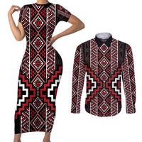 Red Tukutuku Pattern Aotearoa Couples Matching Short Sleeve Bodycon Dress and Long Sleeve Button Shirt Niho Taniwha and Puhoro Motifs LT7 Red - Polynesian Pride