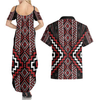 Red Tukutuku Pattern Aotearoa Couples Matching Summer Maxi Dress and Hawaiian Shirt Niho Taniwha and Puhoro Motifs LT7 - Polynesian Pride