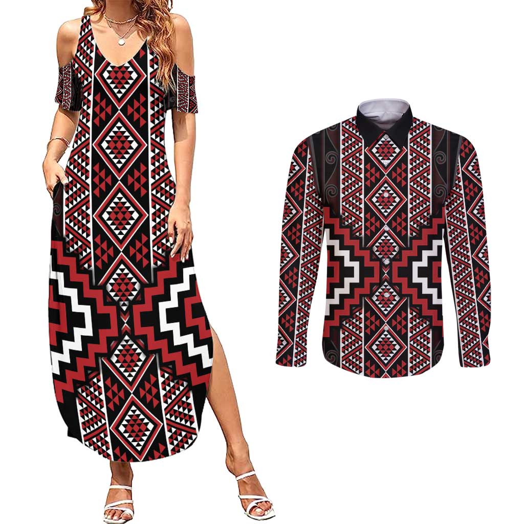 Red Tukutuku Pattern Aotearoa Couples Matching Summer Maxi Dress and Long Sleeve Button Shirt Niho Taniwha and Puhoro Motifs LT7 Red - Polynesian Pride