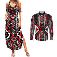 Red Tukutuku Pattern Aotearoa Couples Matching Summer Maxi Dress and Long Sleeve Button Shirt Niho Taniwha and Puhoro Motifs LT7 Red - Polynesian Pride