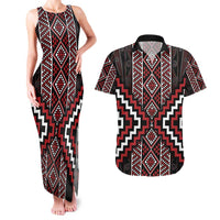 Red Tukutuku Pattern Aotearoa Couples Matching Tank Maxi Dress and Hawaiian Shirt Niho Taniwha and Puhoro Motifs LT7 Red - Polynesian Pride