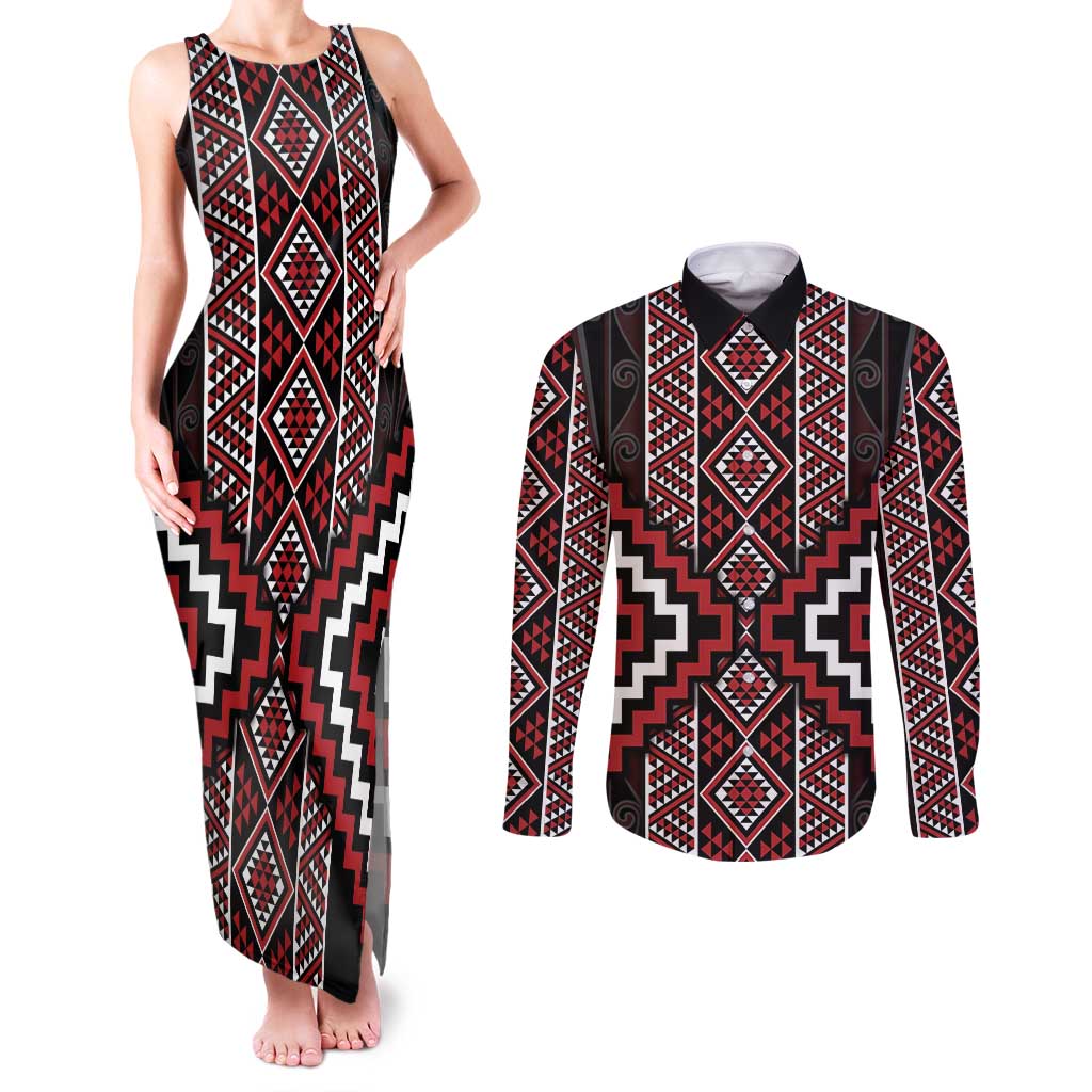 Red Tukutuku Pattern Aotearoa Couples Matching Tank Maxi Dress and Long Sleeve Button Shirt Niho Taniwha and Puhoro Motifs LT7 Red - Polynesian Pride