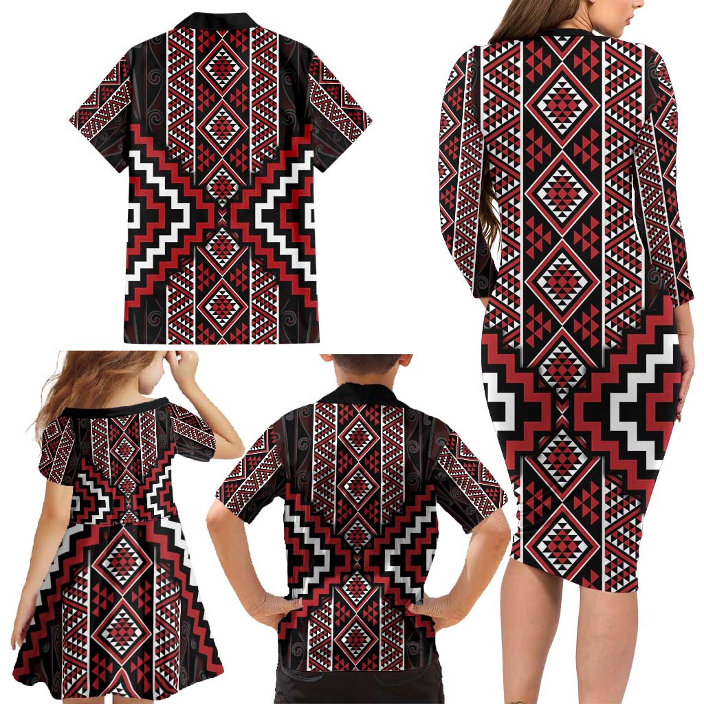 Red Tukutuku Pattern Aotearoa Family Matching Long Sleeve Bodycon Dress and Hawaiian Shirt Niho Taniwha and Puhoro Motifs LT7 - Polynesian Pride
