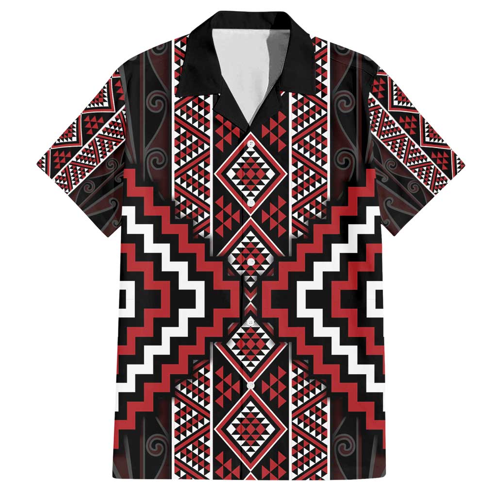 Red Tukutuku Pattern Aotearoa Family Matching Long Sleeve Bodycon Dress and Hawaiian Shirt Niho Taniwha and Puhoro Motifs LT7 Dad's Shirt - Short Sleeve Red - Polynesian Pride
