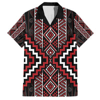 Red Tukutuku Pattern Aotearoa Family Matching Long Sleeve Bodycon Dress and Hawaiian Shirt Niho Taniwha and Puhoro Motifs LT7 Dad's Shirt - Short Sleeve Red - Polynesian Pride