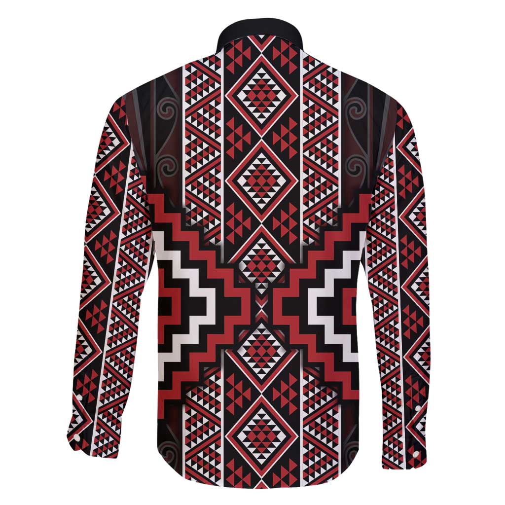 Red Tukutuku Pattern Aotearoa Family Matching Long Sleeve Bodycon Dress and Hawaiian Shirt Niho Taniwha and Puhoro Motifs LT7 - Polynesian Pride