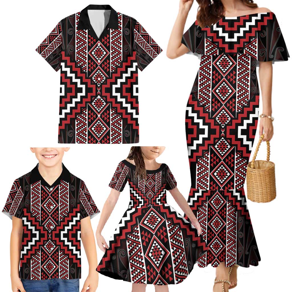 Red Tukutuku Pattern Aotearoa Family Matching Mermaid Dress and Hawaiian Shirt Niho Taniwha and Puhoro Motifs LT7 - Polynesian Pride