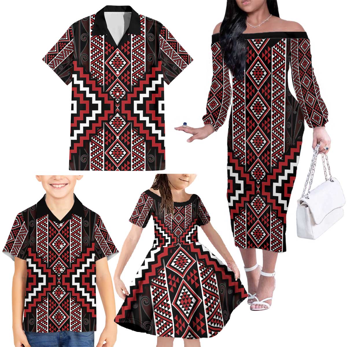 Red Tukutuku Pattern Aotearoa Family Matching Off The Shoulder Long Sleeve Dress and Hawaiian Shirt Niho Taniwha and Puhoro Motifs LT7 - Polynesian Pride