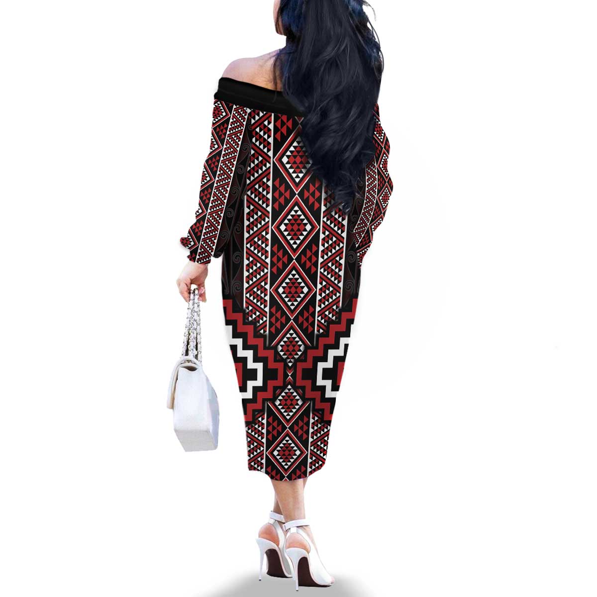 Red Tukutuku Pattern Aotearoa Family Matching Off The Shoulder Long Sleeve Dress and Hawaiian Shirt Niho Taniwha and Puhoro Motifs LT7 - Polynesian Pride