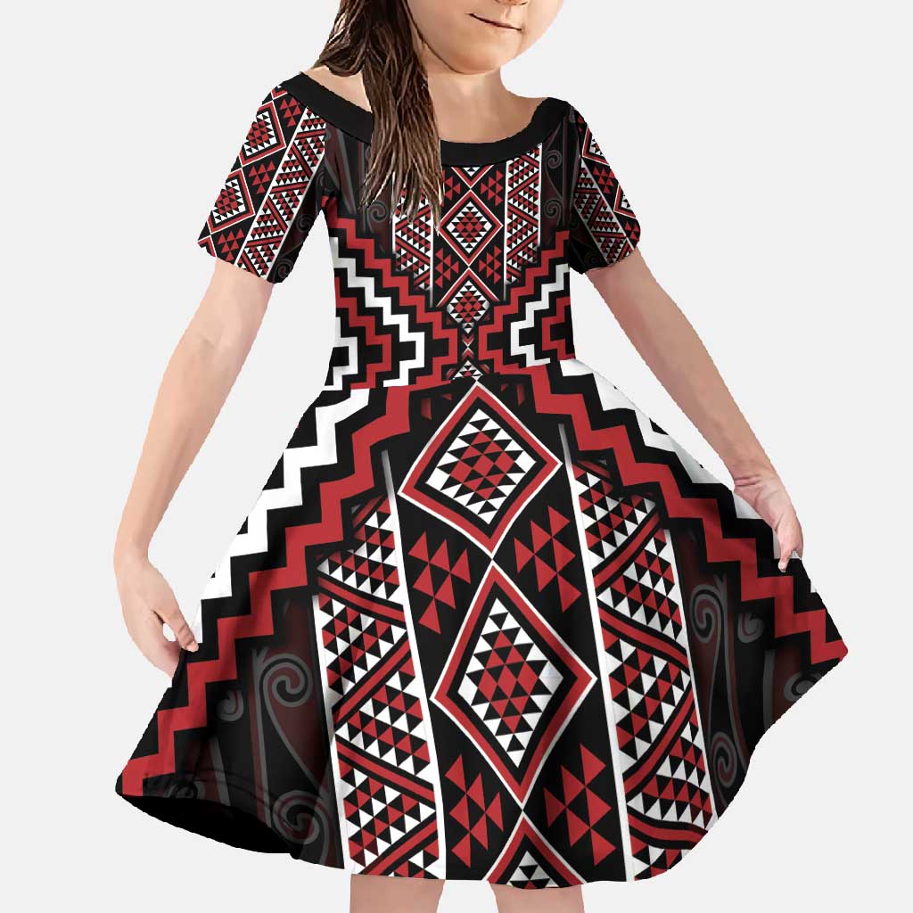 Red Tukutuku Pattern Aotearoa Family Matching Off Shoulder Maxi Dress and Hawaiian Shirt Niho Taniwha and Puhoro Motifs LT7 Daughter's Dress Red - Polynesian Pride