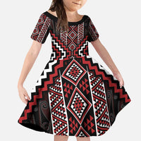 Red Tukutuku Pattern Aotearoa Family Matching Off Shoulder Maxi Dress and Hawaiian Shirt Niho Taniwha and Puhoro Motifs LT7 Daughter's Dress Red - Polynesian Pride
