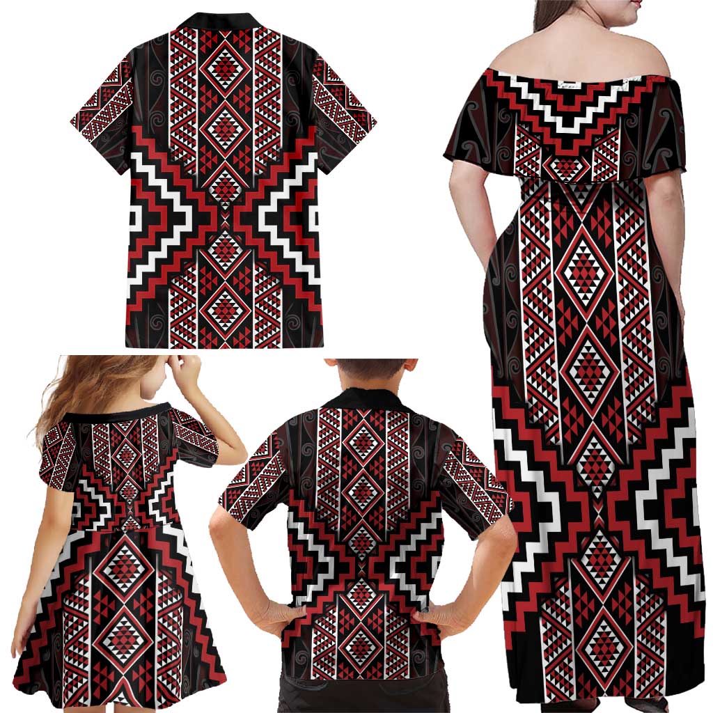 Red Tukutuku Pattern Aotearoa Family Matching Off Shoulder Maxi Dress and Hawaiian Shirt Niho Taniwha and Puhoro Motifs LT7 - Polynesian Pride