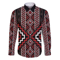 Red Tukutuku Pattern Aotearoa Family Matching Off Shoulder Maxi Dress and Hawaiian Shirt Niho Taniwha and Puhoro Motifs LT7 Dad's Shirt - Long Sleeve Red - Polynesian Pride