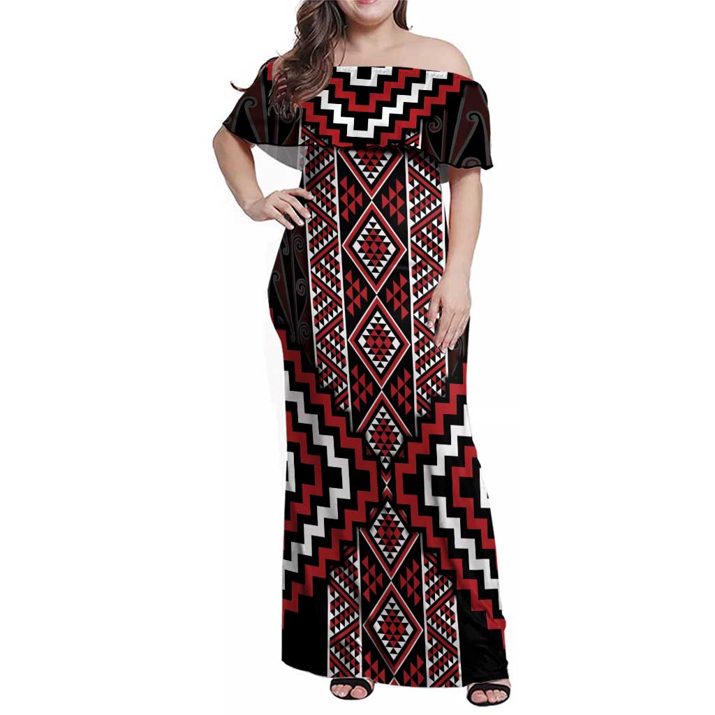 Red Tukutuku Pattern Aotearoa Family Matching Off Shoulder Maxi Dress and Hawaiian Shirt Niho Taniwha and Puhoro Motifs LT7 Mom's Dress Red - Polynesian Pride