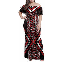 Red Tukutuku Pattern Aotearoa Family Matching Off Shoulder Maxi Dress and Hawaiian Shirt Niho Taniwha and Puhoro Motifs LT7 Mom's Dress Red - Polynesian Pride