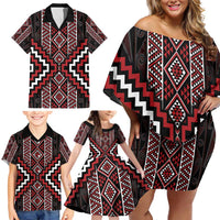 Red Tukutuku Pattern Aotearoa Family Matching Off Shoulder Short Dress and Hawaiian Shirt Niho Taniwha and Puhoro Motifs LT7 - Polynesian Pride