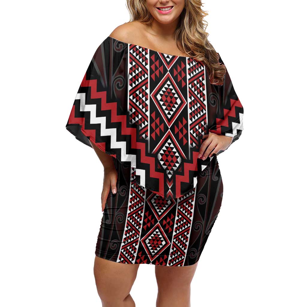 Red Tukutuku Pattern Aotearoa Family Matching Off Shoulder Short Dress and Hawaiian Shirt Niho Taniwha and Puhoro Motifs LT7 Mom's Dress Red - Polynesian Pride