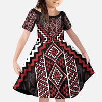 Red Tukutuku Pattern Aotearoa Family Matching Puletasi and Hawaiian Shirt Niho Taniwha and Puhoro Motifs LT7 Daughter's Dress Red - Polynesian Pride