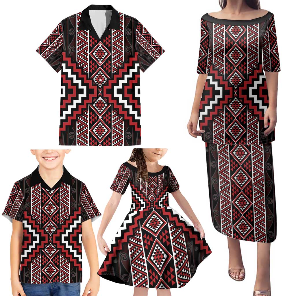 Red Tukutuku Pattern Aotearoa Family Matching Puletasi and Hawaiian Shirt Niho Taniwha and Puhoro Motifs LT7 - Polynesian Pride