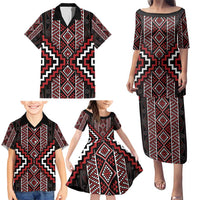Red Tukutuku Pattern Aotearoa Family Matching Puletasi and Hawaiian Shirt Niho Taniwha and Puhoro Motifs LT7 - Polynesian Pride