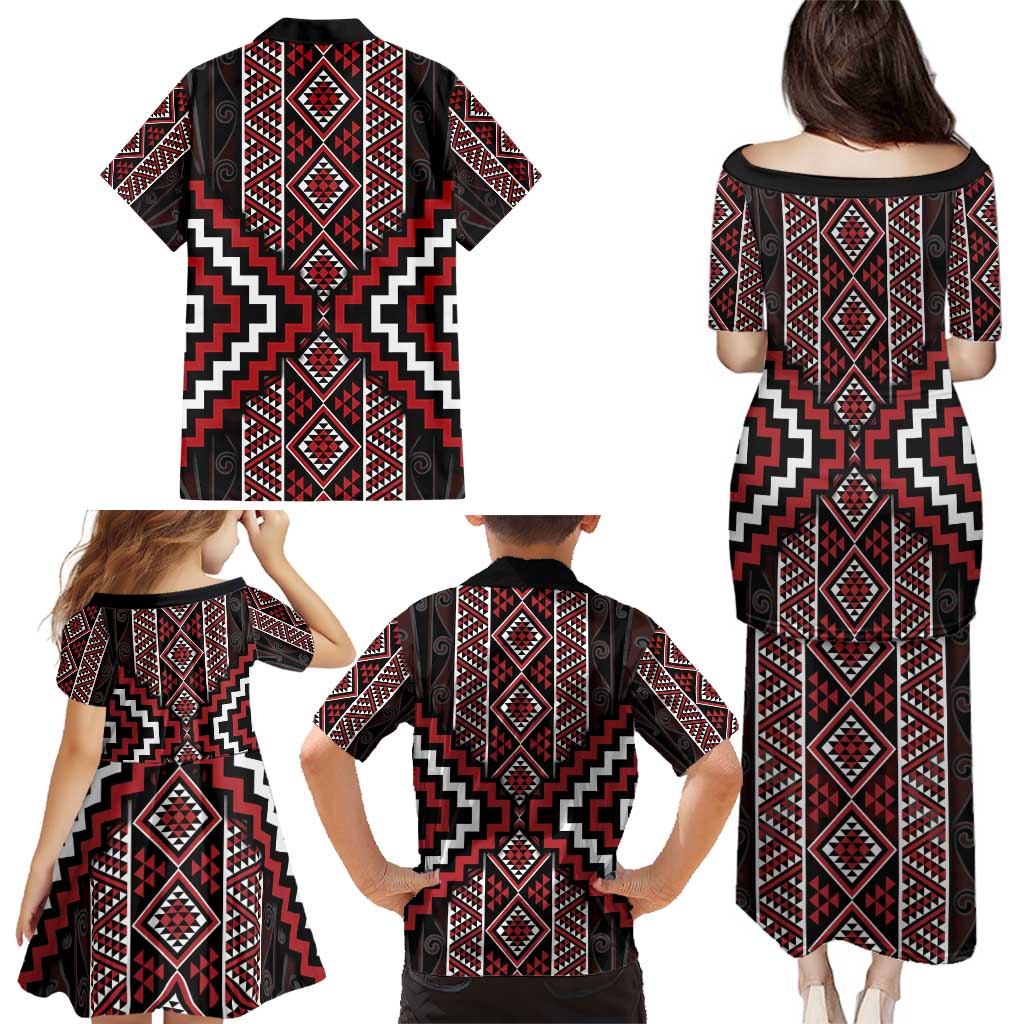 Red Tukutuku Pattern Aotearoa Family Matching Puletasi and Hawaiian Shirt Niho Taniwha and Puhoro Motifs LT7 - Polynesian Pride