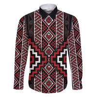 Red Tukutuku Pattern Aotearoa Family Matching Puletasi and Hawaiian Shirt Niho Taniwha and Puhoro Motifs LT7 Dad's Shirt - Long Sleeve Red - Polynesian Pride
