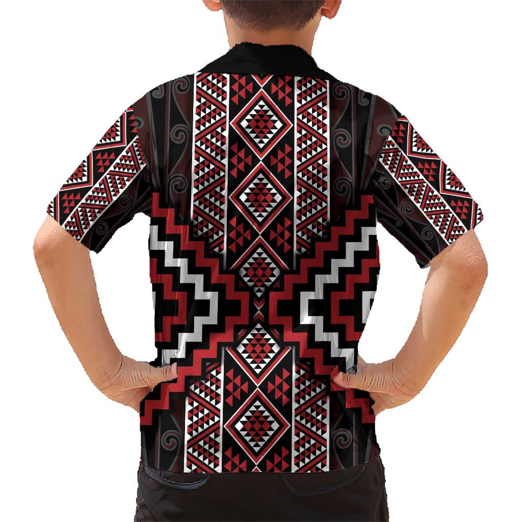 Red Tukutuku Pattern Aotearoa Family Matching Short Sleeve Bodycon Dress and Hawaiian Shirt Niho Taniwha and Puhoro Motifs LT7 - Polynesian Pride