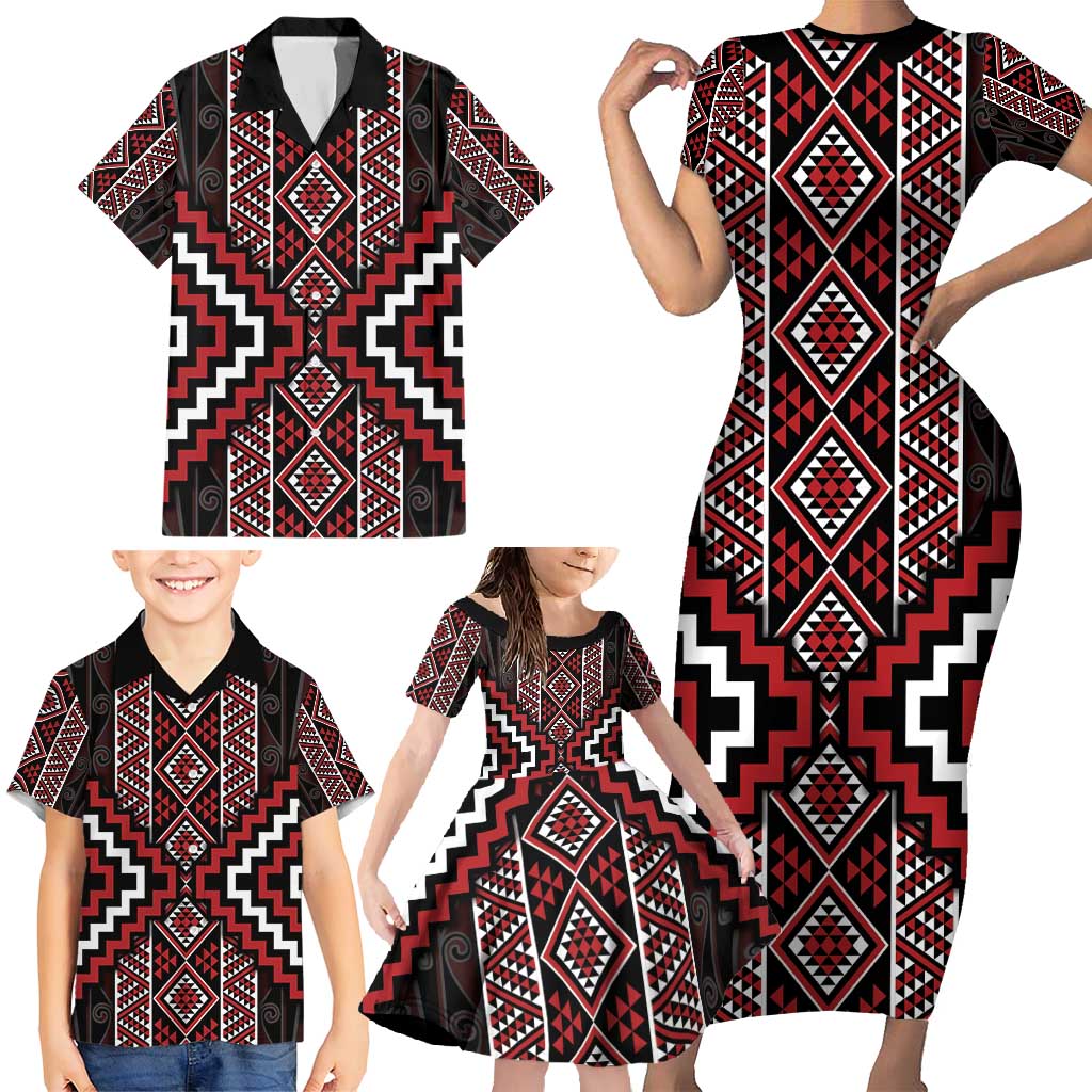 Red Tukutuku Pattern Aotearoa Family Matching Short Sleeve Bodycon Dress and Hawaiian Shirt Niho Taniwha and Puhoro Motifs LT7 - Polynesian Pride
