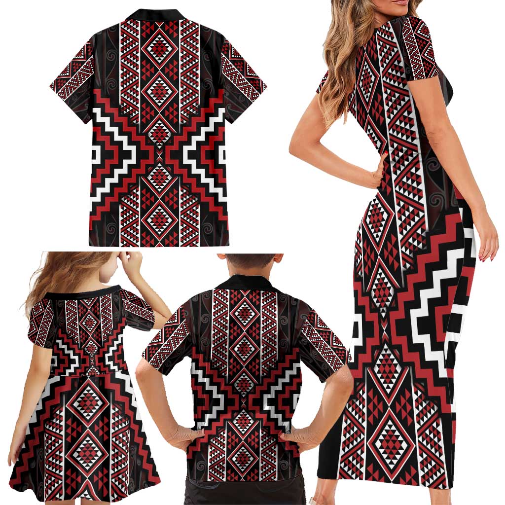 Red Tukutuku Pattern Aotearoa Family Matching Short Sleeve Bodycon Dress and Hawaiian Shirt Niho Taniwha and Puhoro Motifs LT7 - Polynesian Pride