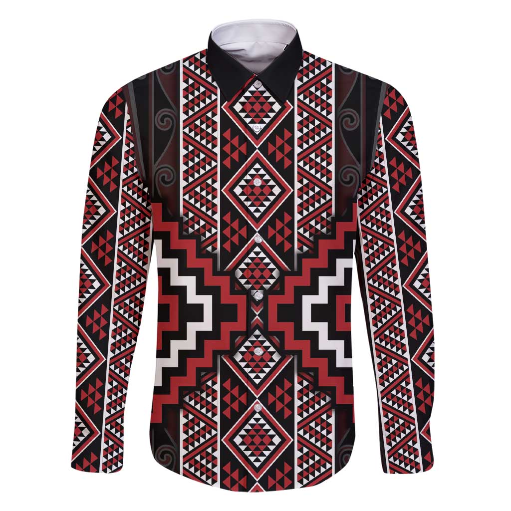 Red Tukutuku Pattern Aotearoa Family Matching Short Sleeve Bodycon Dress and Hawaiian Shirt Niho Taniwha and Puhoro Motifs LT7 Dad's Shirt - Long Sleeve Red - Polynesian Pride