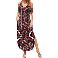 Red Tukutuku Pattern Aotearoa Family Matching Summer Maxi Dress and Hawaiian Shirt Niho Taniwha and Puhoro Motifs LT7 Mom's Dress Red - Polynesian Pride