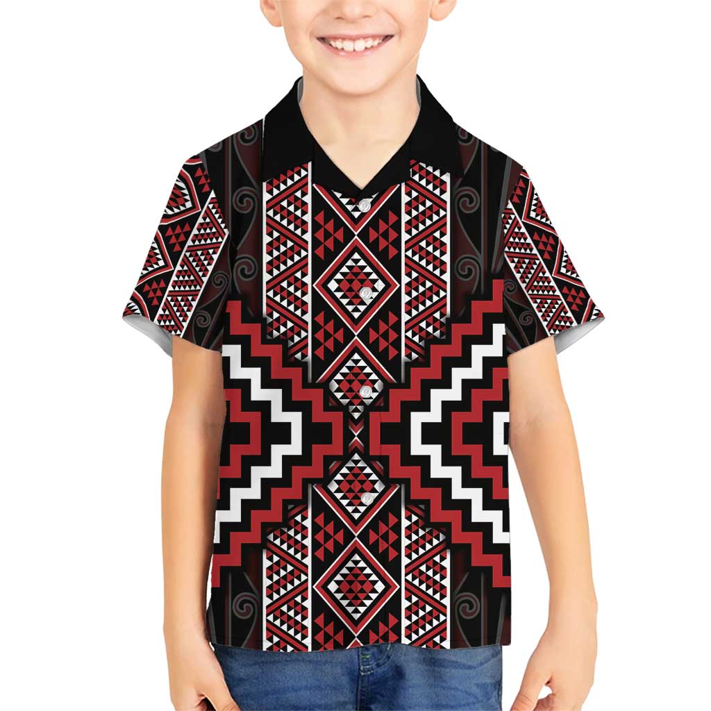 Red Tukutuku Pattern Aotearoa Family Matching Summer Maxi Dress and Hawaiian Shirt Niho Taniwha and Puhoro Motifs LT7 Son's Shirt Red - Polynesian Pride