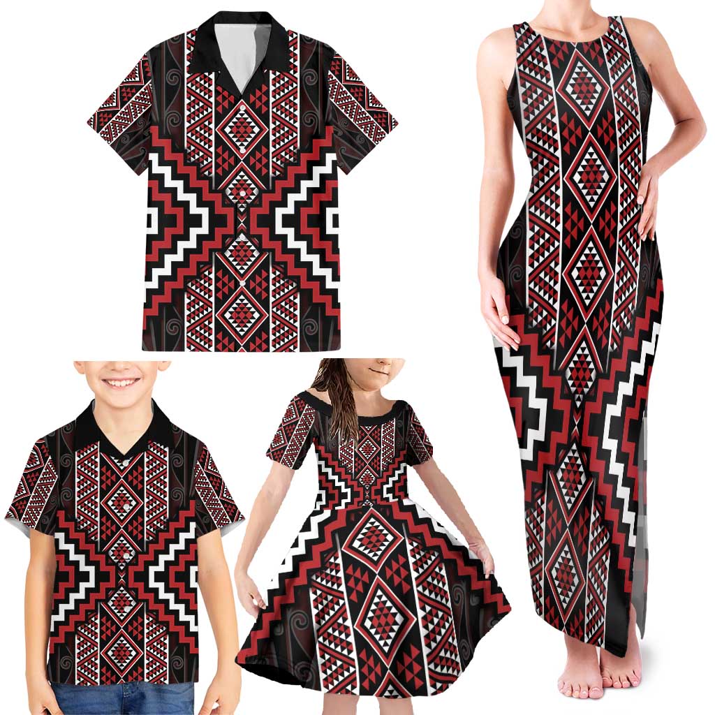 Red Tukutuku Pattern Aotearoa Family Matching Tank Maxi Dress and Hawaiian Shirt Niho Taniwha and Puhoro Motifs LT7 - Polynesian Pride