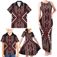 Red Tukutuku Pattern Aotearoa Family Matching Tank Maxi Dress and Hawaiian Shirt Niho Taniwha and Puhoro Motifs LT7 - Polynesian Pride
