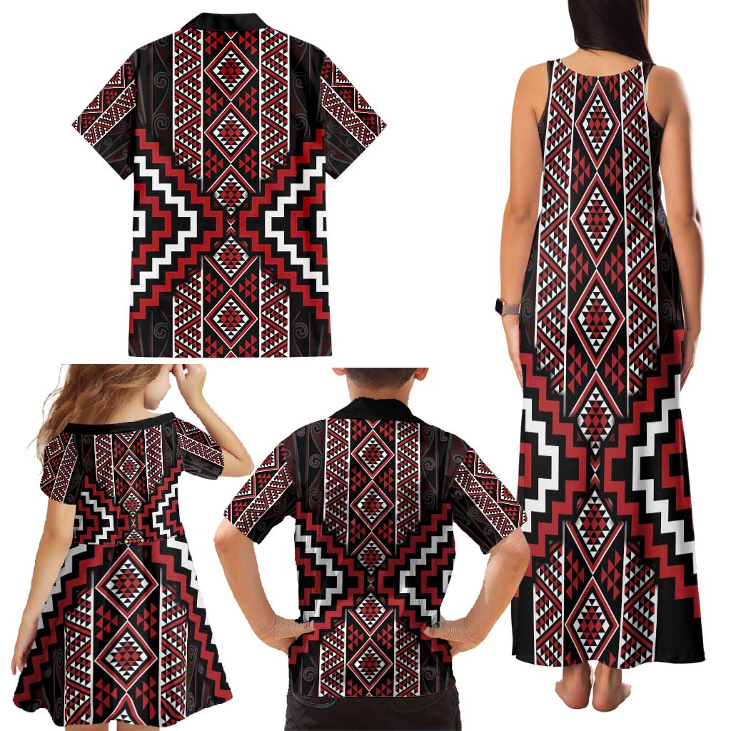 Red Tukutuku Pattern Aotearoa Family Matching Tank Maxi Dress and Hawaiian Shirt Niho Taniwha and Puhoro Motifs LT7 - Polynesian Pride