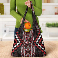 Red Tukutuku Pattern Aotearoa Grocery Bag Niho Taniwha and Puhoro Motifs