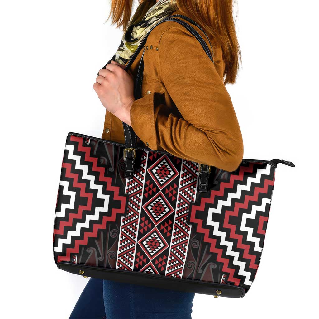 Red Tukutuku Pattern Aotearoa Leather Tote Bag Niho Taniwha and Puhoro Motifs LT7 Red - Polynesian Pride