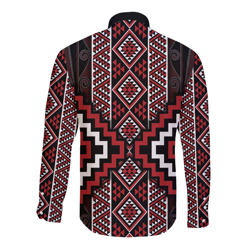 Red Tukutuku Pattern Aotearoa Long Sleeve Button Shirt Niho Taniwha and Puhoro Motifs