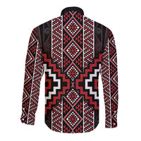 Red Tukutuku Pattern Aotearoa Long Sleeve Button Shirt Niho Taniwha and Puhoro Motifs