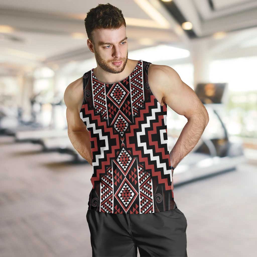 Red Tukutuku Pattern Aotearoa Men Tank Top Niho Taniwha and Puhoro Motifs LT7 Red - Polynesian Pride