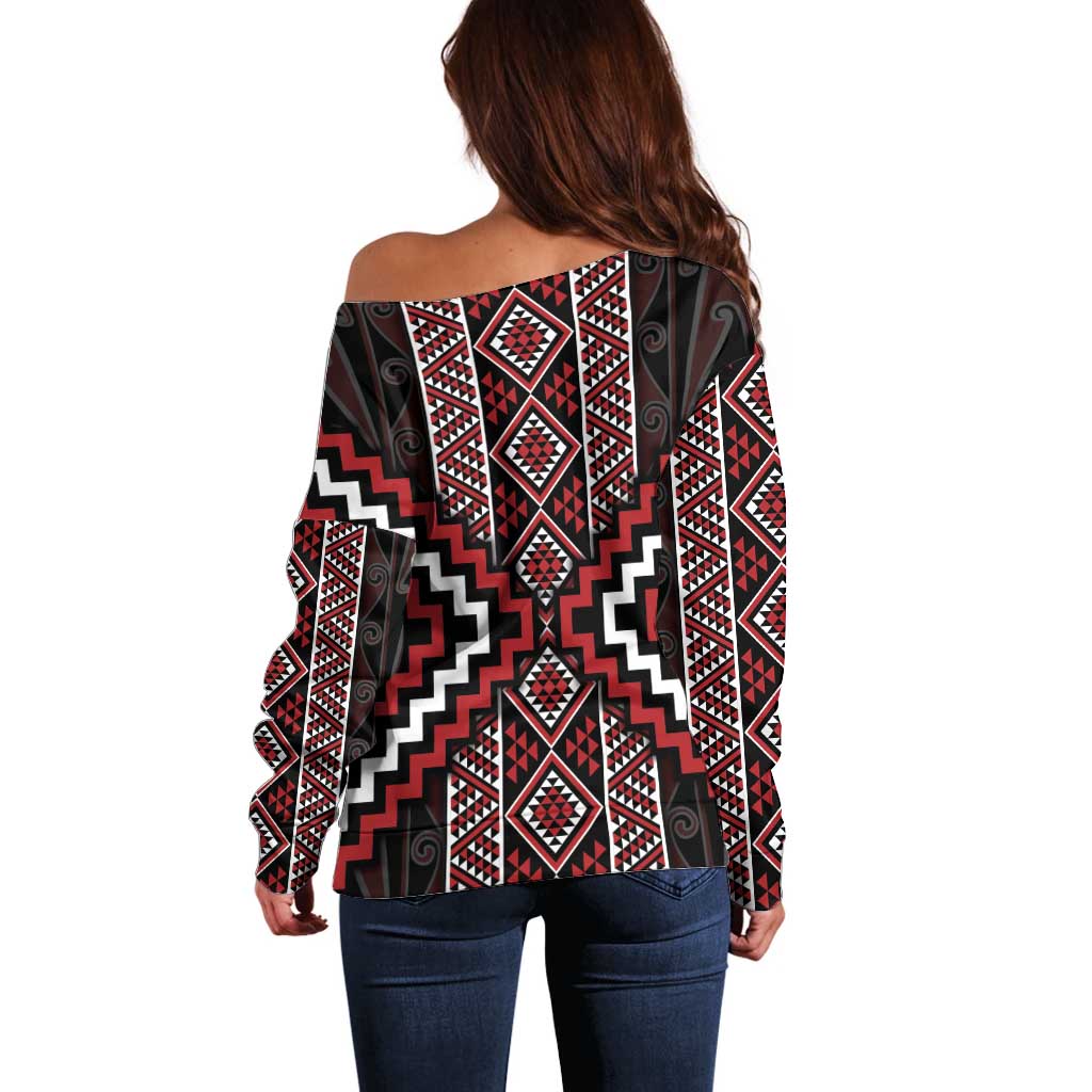 Red Tukutuku Pattern Aotearoa Off Shoulder Sweater Niho Taniwha and Puhoro Motifs LT7 - Polynesian Pride