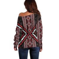 Red Tukutuku Pattern Aotearoa Off Shoulder Sweater Niho Taniwha and Puhoro Motifs LT7 - Polynesian Pride