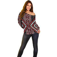 Red Tukutuku Pattern Aotearoa Off Shoulder Sweater Niho Taniwha and Puhoro Motifs LT7 - Polynesian Pride